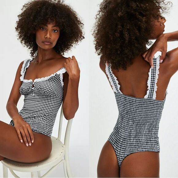 NWT Free People Intimately Cassie Bodysuit in Black Gingham - Picture 1 of 9